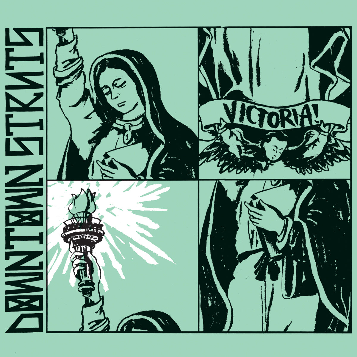 Four-panel illustration with a stylized Statue of Liberty, a woman hand-on-chest, and a VICTORIA! banner with wings—evoking the live spirit of Chicago band Downtown Struts’ full-length record, noted vertically at left.