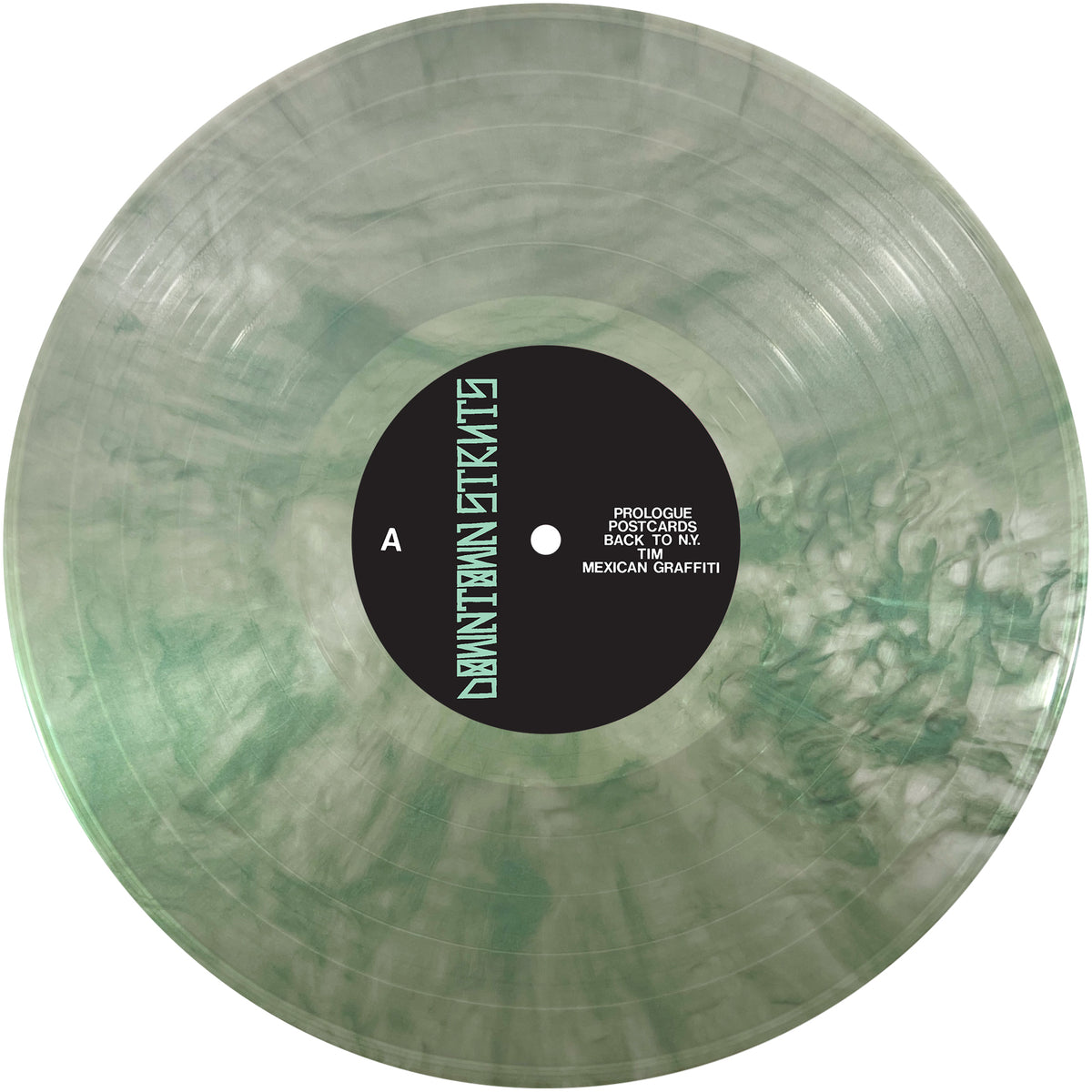 A green vinyl record with a black label by Downtown Struts, featuring the punk rock anthem “Sail the Seas Dry.”.