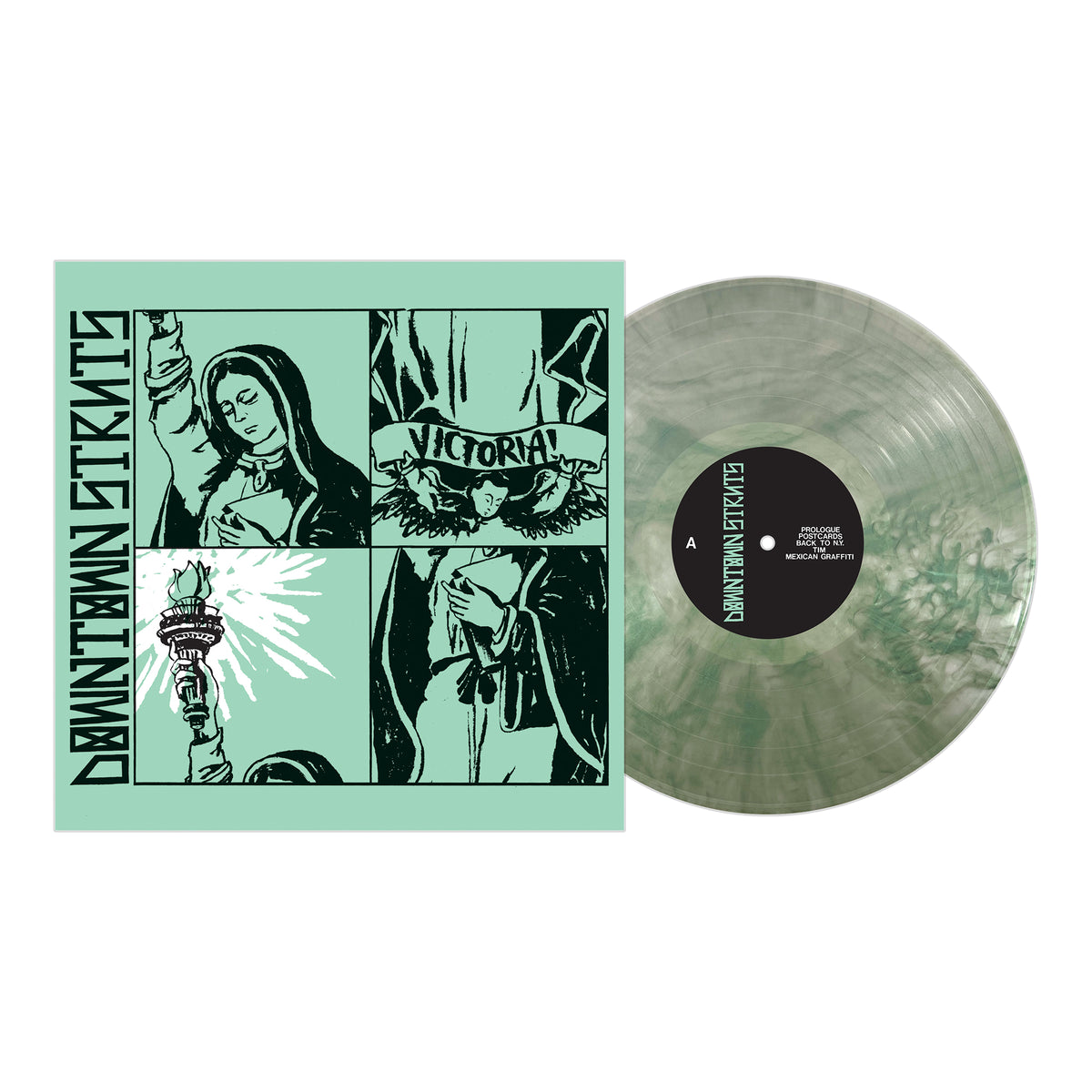 A green marbled vinyl of Downtown Struts' album Sail the Seas Dry is displayed next to its cover, which has black and green art of women with a torch, fist raised, and a "Victoria!" banner. The Downtown Struts brand name is shown vertically.
