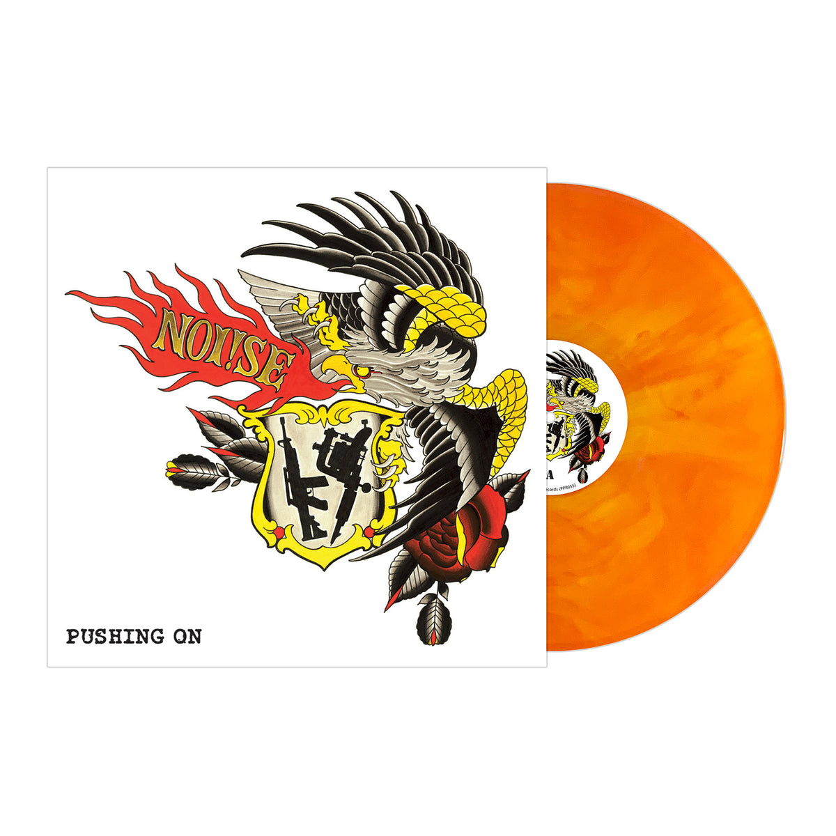An orange marbled vinyl record by NOi!SE slides halfway from its sleeve, which features a tattoo-style eagle, the band name in red flames, and “Pushing On” in bold black text—representing classic Seattle streetpunk.