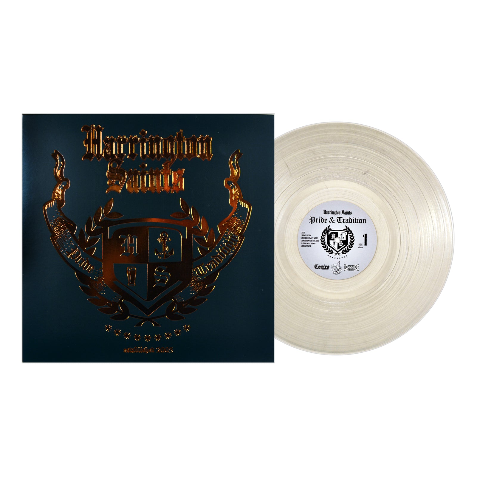 A transparent vinyl record sits beside its album cover, adorned with a gold, ornate crest and Harrington Saints text—ideal for streetpunk fans who love celebrating Pride & Tradition.