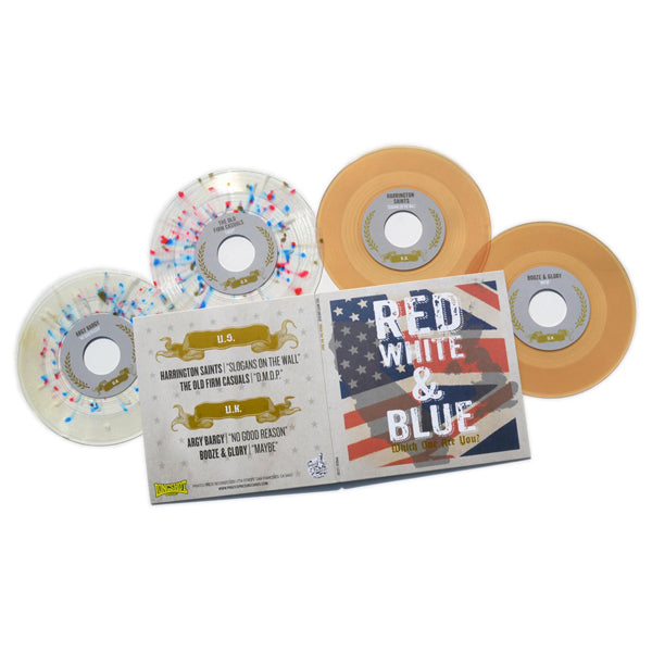 Pirates Press Records displays three translucent vinyl records—two clear with red and blue splatters, one amber—with an open RED WHITE &amp; BLUE album cover featuring US/UK flags, track listings, and bold streetpunk Oi! artwork inside.