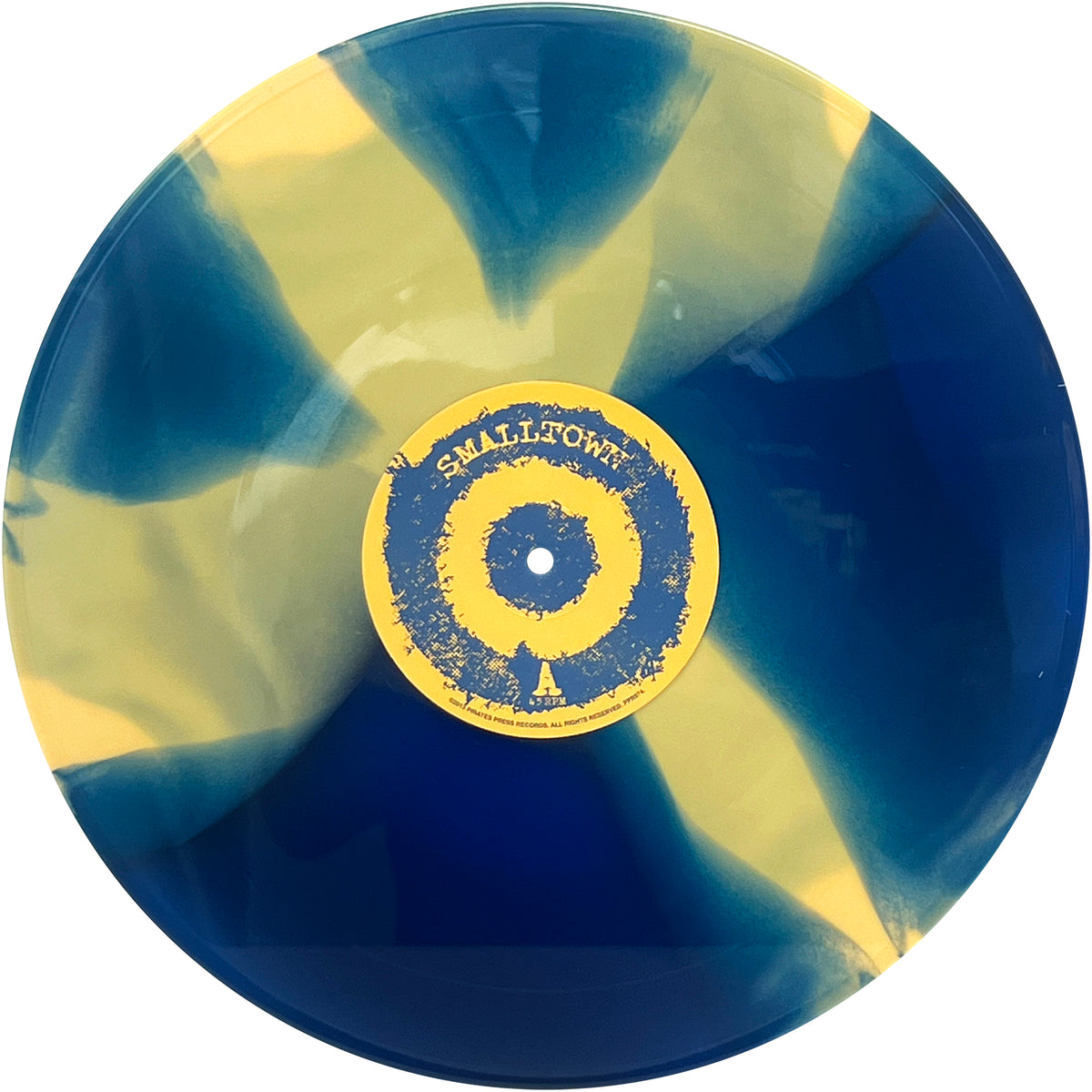 A blue and yellow marbled swirl vinyl record with a central yellow label featuring the Smalltown brand—an eye-catching punk/mod-inspired piece ideal for any CD-Record collector.
