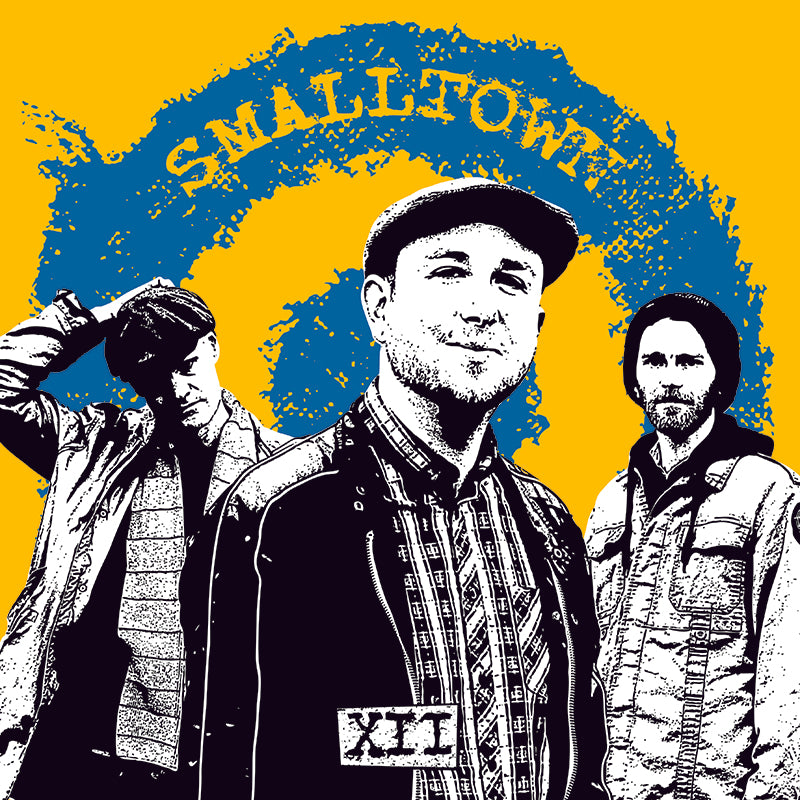 Illustrated image of three men in casual punk/mod clothing against a yellow background with a blue swirl. Smalltown appears above, XII below—ideal as a vinyl or CD-record cover for the band Smalltown.