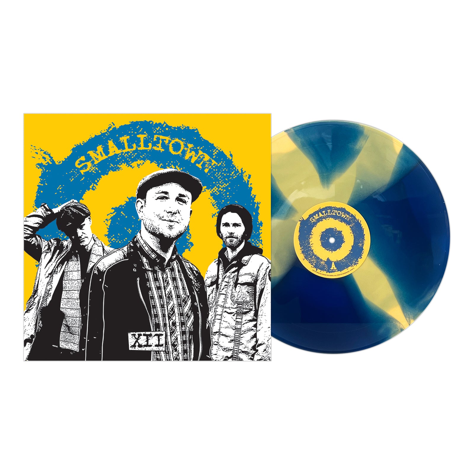 Smalltown album cover features three men in black and white against a bold yellow and blue background, alongside a punk/mod-inspired, blue-and-yellow marbled vinyl record that matches the cover design.