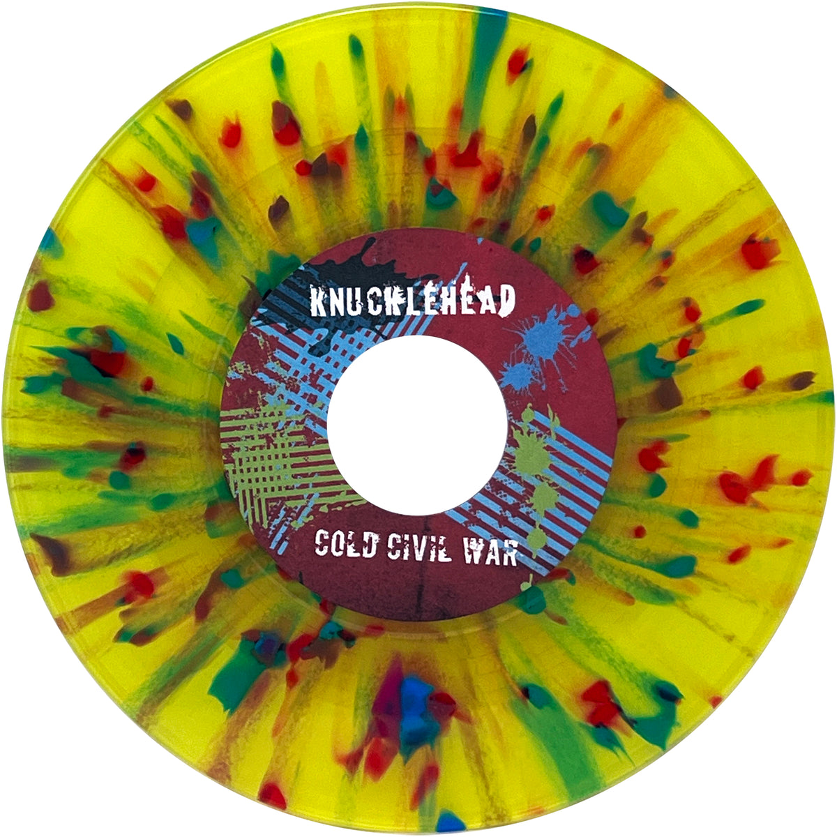 A colored vinyl record by Knucklehead, featuring a yellow base accented with vivid red, green, and blue splatters. The center label displays Knucklehead and Cold Civil War in sharp white text, encircled by abstract blue and maroon designs. This exclusive vinyl release also comes with a digital download for your convenience.