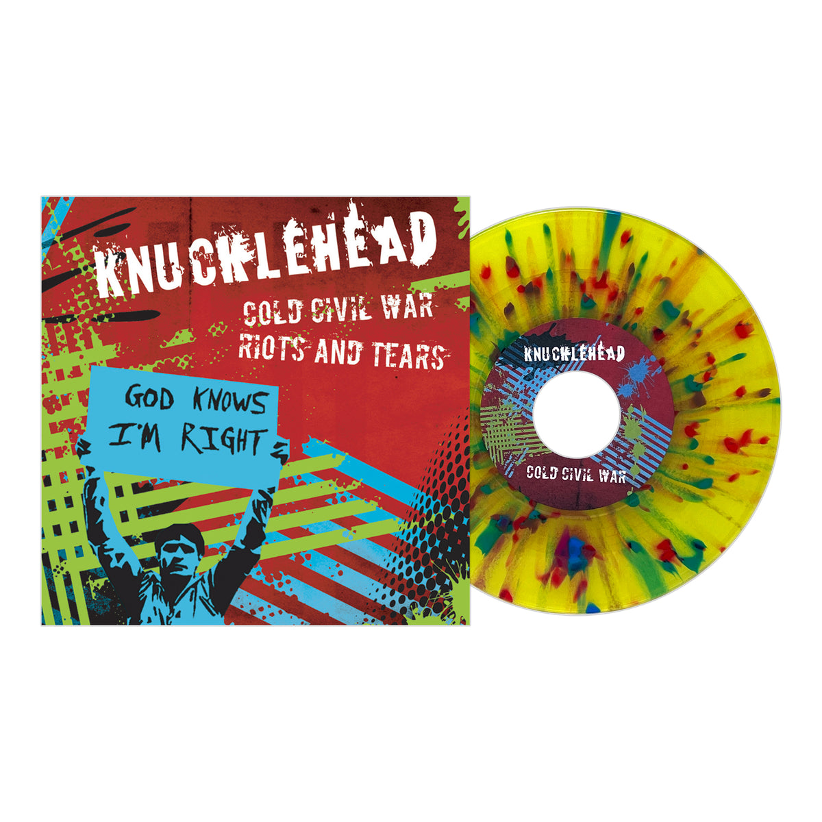 Check out the exclusive Knucklehead splatter vinyl for "Cold Civil War, Riots and Tears." This release features a vivid album cover showing a person holding a sign that says "God knows I'm right" against a bold red and blue graphic backdrop. Available from Knucklehead on colored vinyl or as a digital download.