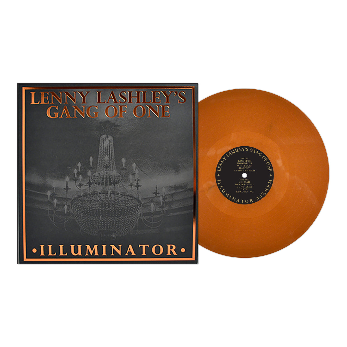 An orange vinyl record and album cover for Lenny Lashley’s Gang Of One – Illuminator, featuring a black-and-white chandelier image, is a must-have collectible for any fan of Lenny Lashley or Bouncing Souls.