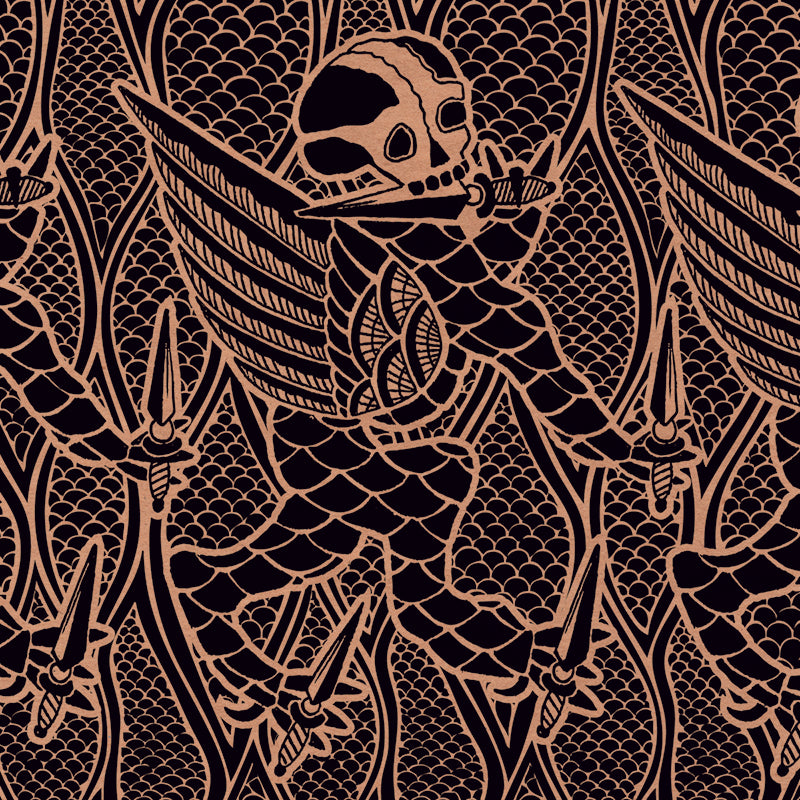 A repeating pattern of dark, armored skeletal figures with wings and two swords overlays a tan and black fish scale background inspired by the Swedish punk scene and bands like Twopointeight.