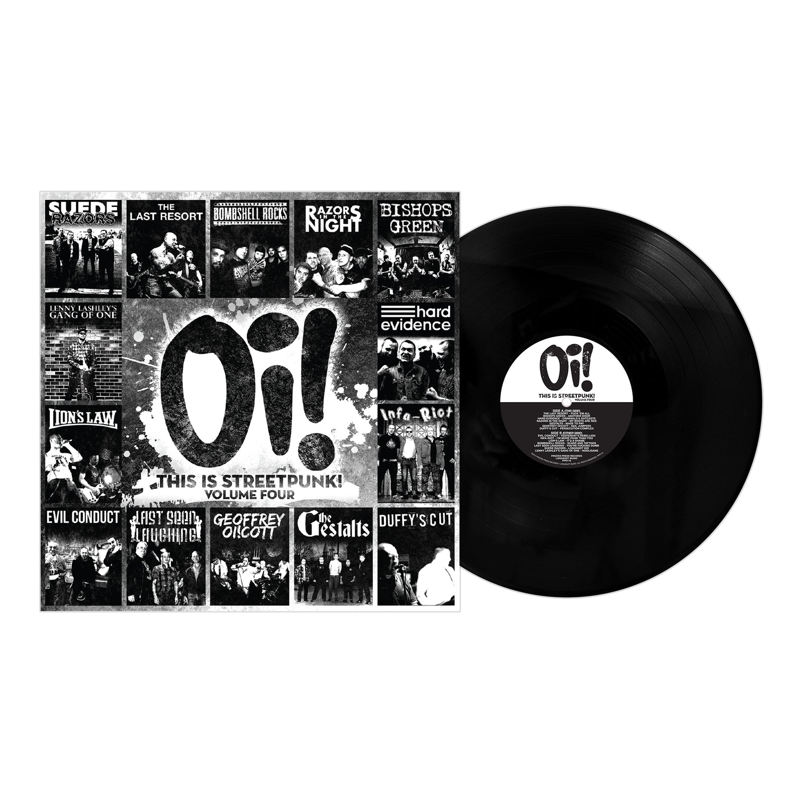 A black vinyl compilation record from Pirates Press Records sits beside its album cover, which displays a collage of black-and-white punk band photos and bold “Oi! This Is Streetpunk! Volume Four” text.