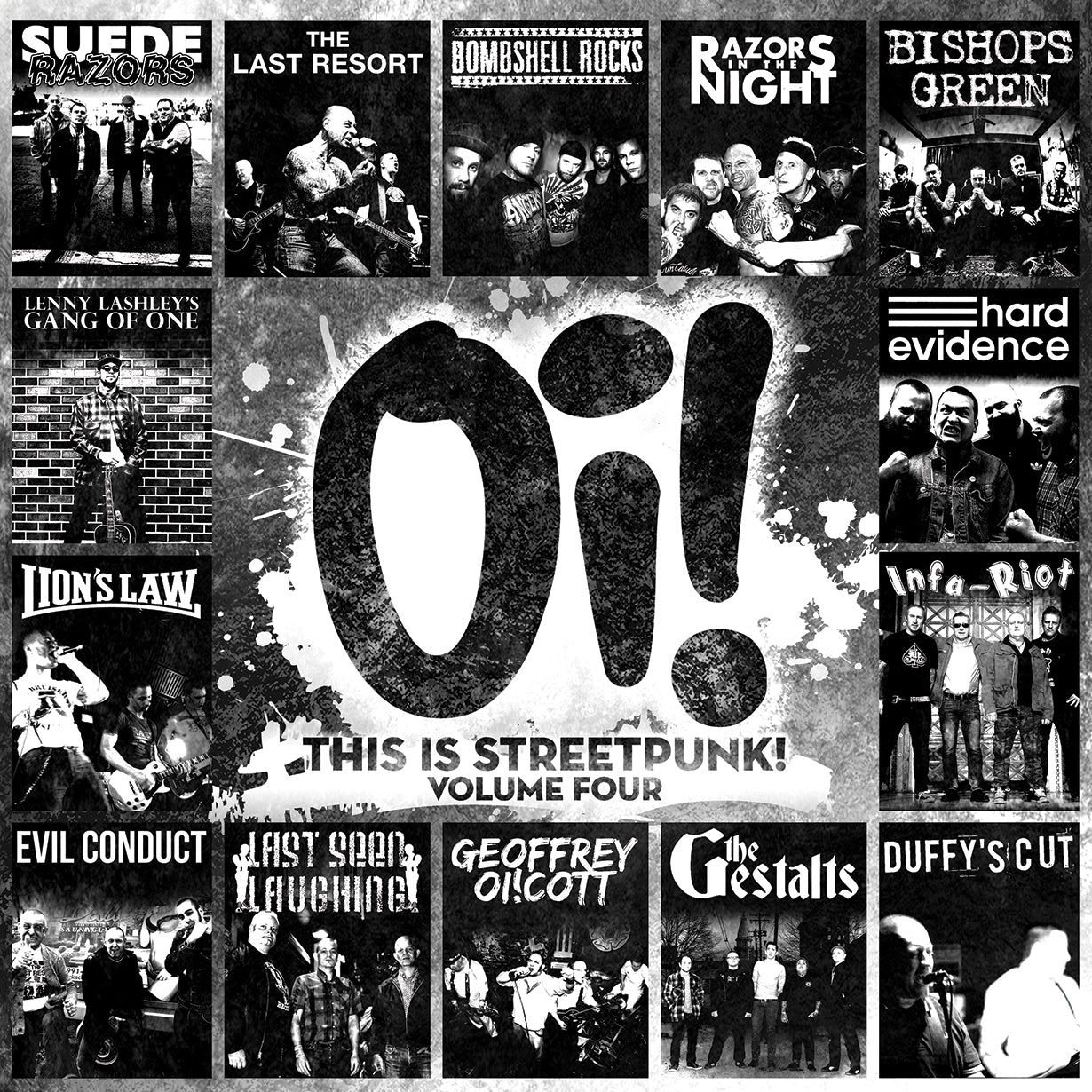 A black-and-white collage of punk band photos and logos frames bold text: Oi! This Is Streetpunk! Volume Four—a must-have vinyl from Pirates Press Records featuring Suede Razors, The Last Resort, Bombshell Rocks, and Bishops Green.