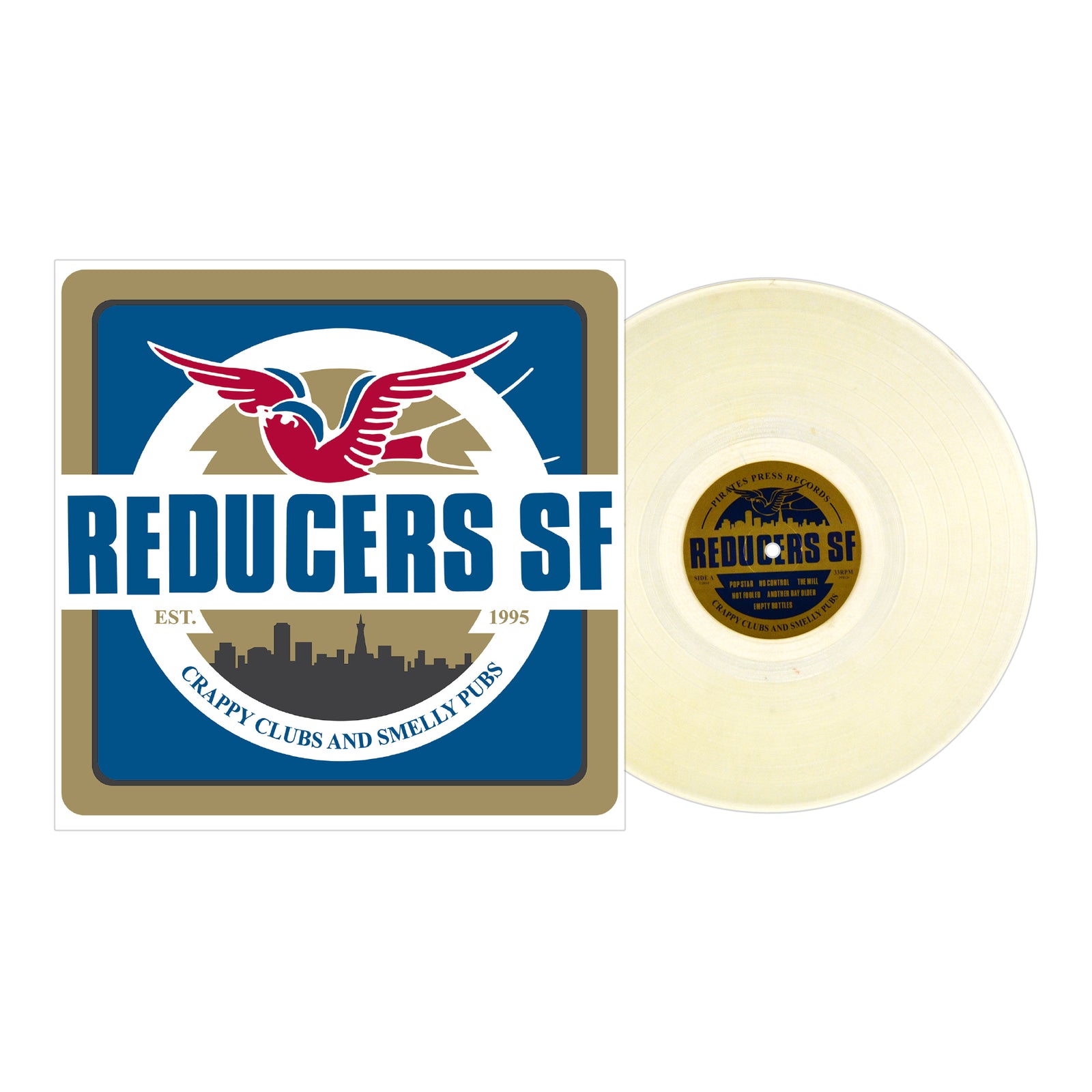 A translucent vinyl record rests beside its cover, featuring a red bird soaring above a city skyline. Bold lettering displays the brand name “Reducers S.F.” and the album title “Crappy Clubs And Smelly Pubs,” reflecting classic street punk energy.