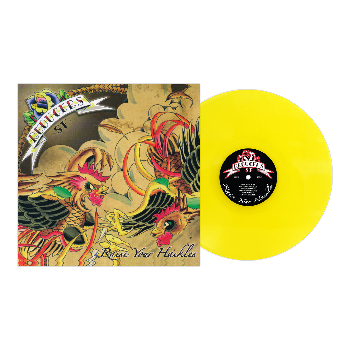 A bright yellow vinyl record from Reducers S.F. sits by its album cover, featuring colorful stylized roosters and the title &quot;Raise Your Hackles&quot;—a vibrant addition to any street punk collection.