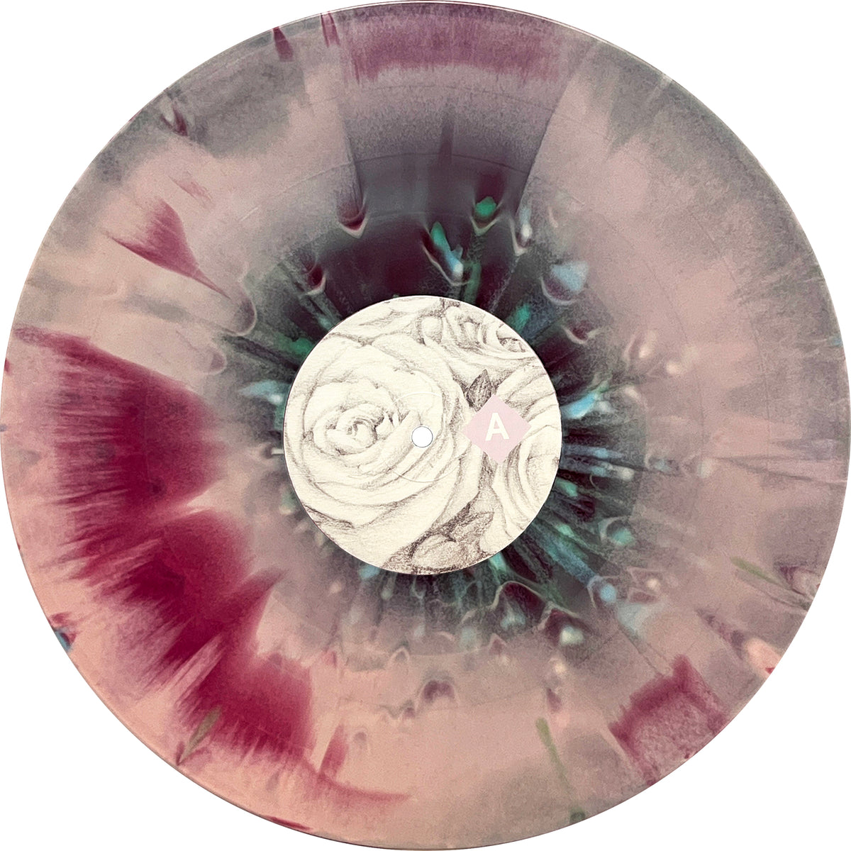 A marbled vinyl record in pink, purple, and gray with a black-and-white rose illustration marked “A,” showcasing Downtown Struts’ new musical direction and refined songwriting.