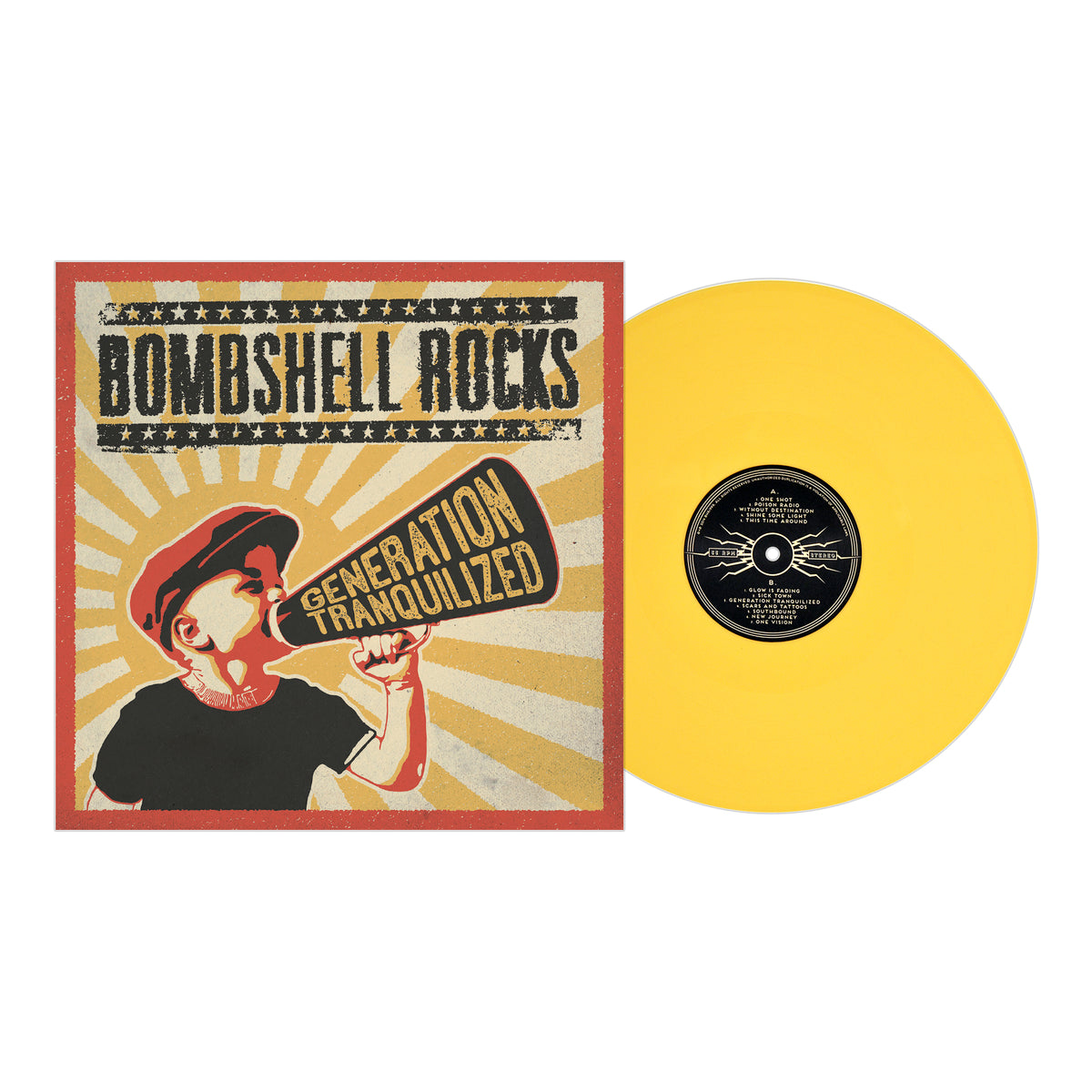 A yellow vinyl record sits next to its cover, displaying a streetpunk-style person with a megaphone and bold “Bombshell Rocks” and “Generation Tranquilized” text. Brand: Bombshell Rocks.