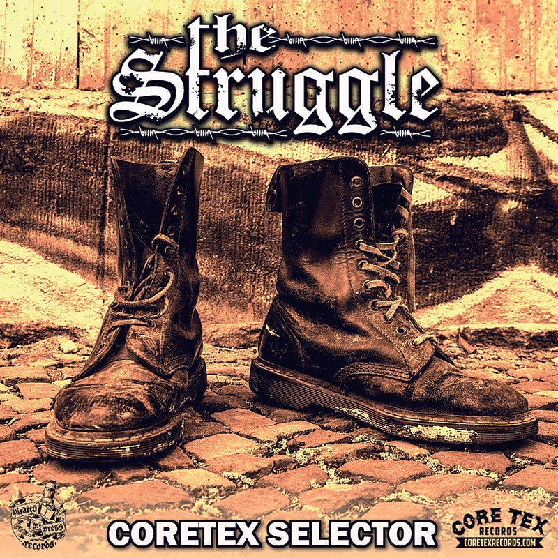 Two worn black combat boots on old cobblestone, with The Struggle in bold gothic text above and Coretex Selector below. Core Tex Records and Noise Press Records logos in corners. A gritty, sepia-toned tribute to punk band attitude from The Struggle.