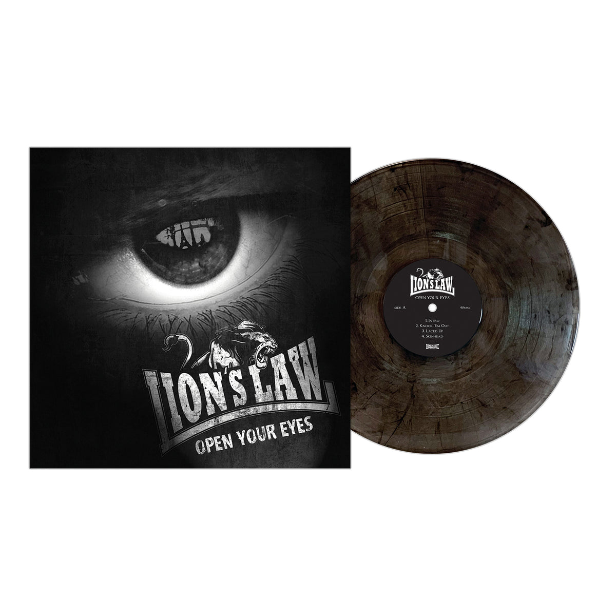 Lion's Law "Open Your Eyes" album cover and marbled black/brown vinyl feature a close-up grayscale eye with bold band name—ideal for skinhead streetpunk and Oi! fans.