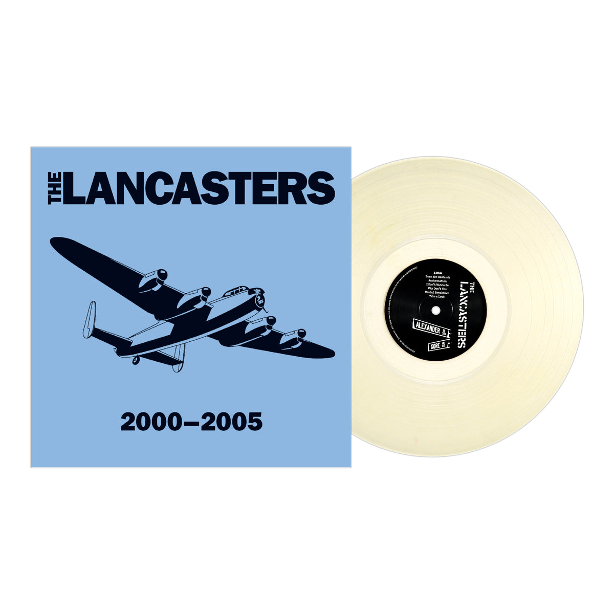 A translucent vinyl record beside a blue album cover featuring a black bomber plane and THE LANCASTERS 2000–2005 in bold, representing the street punk band Lancasters from Vancouver, Canada.