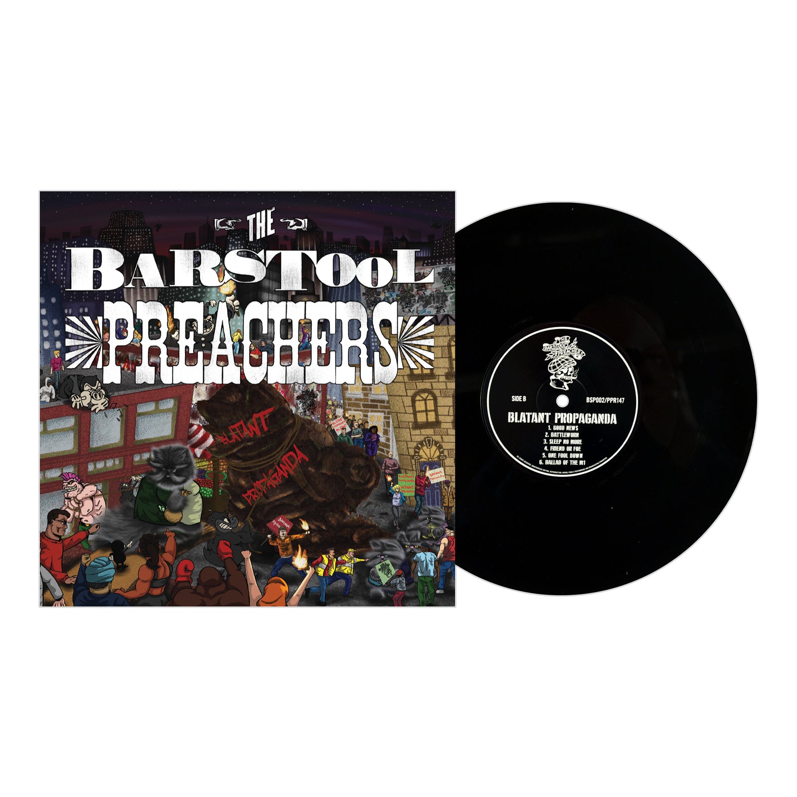 A vinyl record with a vibrant album cover for The Bar Stool Preachers’ Blatant Propaganda, featuring ska punk-inspired art of a lively street scene, graffiti, animated characters, and city buildings aglow at night.