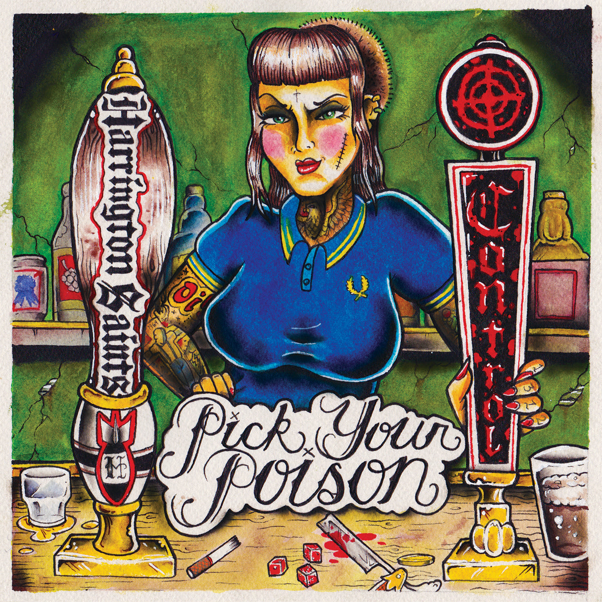A tattooed woman in a blue polo stands behind a bar with beer taps labeled Harrington Saints and CONTROL band. Dice, cigarettes, streetpunk vinyl, and bottles featuring Pirates Press Records surround her. A banner reads Pick Your Poison.