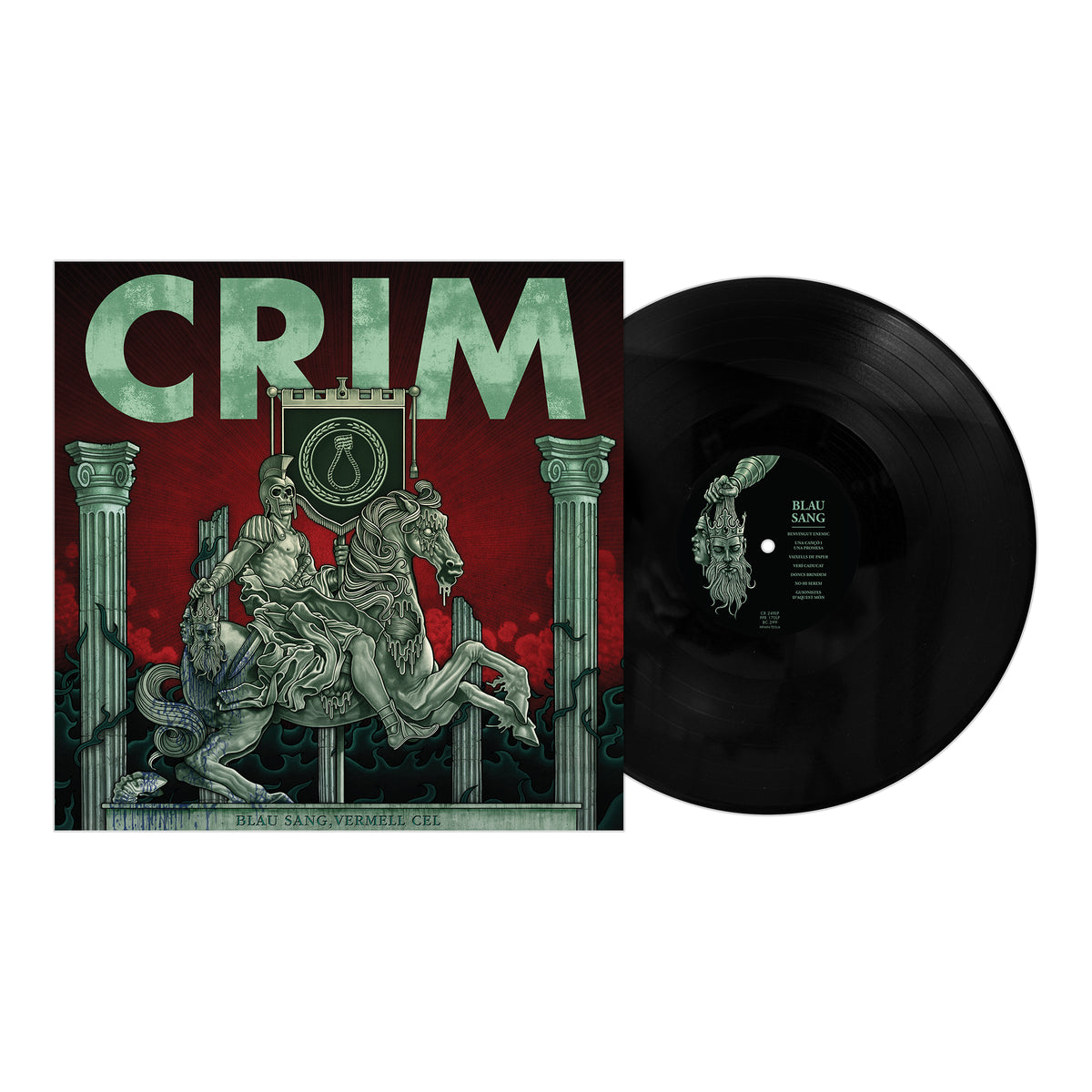 A black vinyl record, partially out of its sleeve, features cover art of two armored horsemen with a banner on a red and green background. CRIM is boldly written above—an eye-catching punk rock album from the brand Crim.