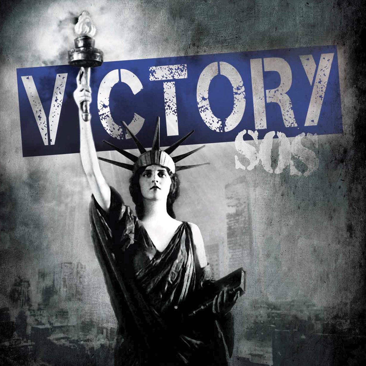 A black-and-white image of a woman dressed as the Statue of Liberty holds a torch. Behind her, "Victory"—the brand name—appears bold, with faint "SOS" over a distressed cityscape, capturing Midwest punk spirit.
