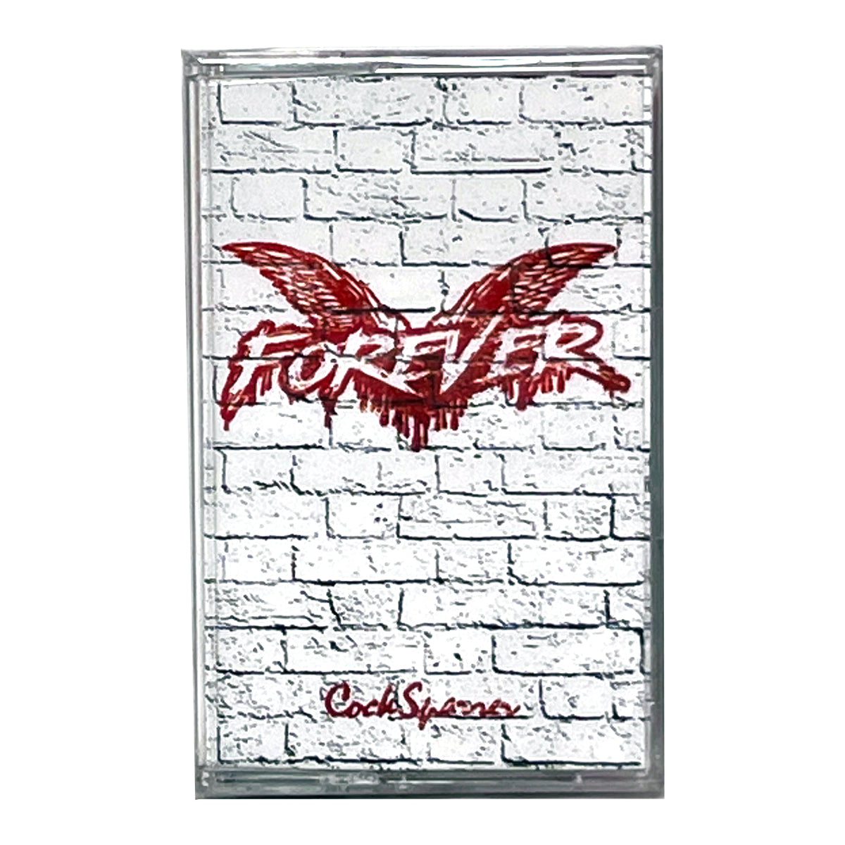 A white brick wall with FOREVER written in red graffiti and wings above it, referencing the legendary band SPARRER’s iconic Forever album, and CodeScream signed below.