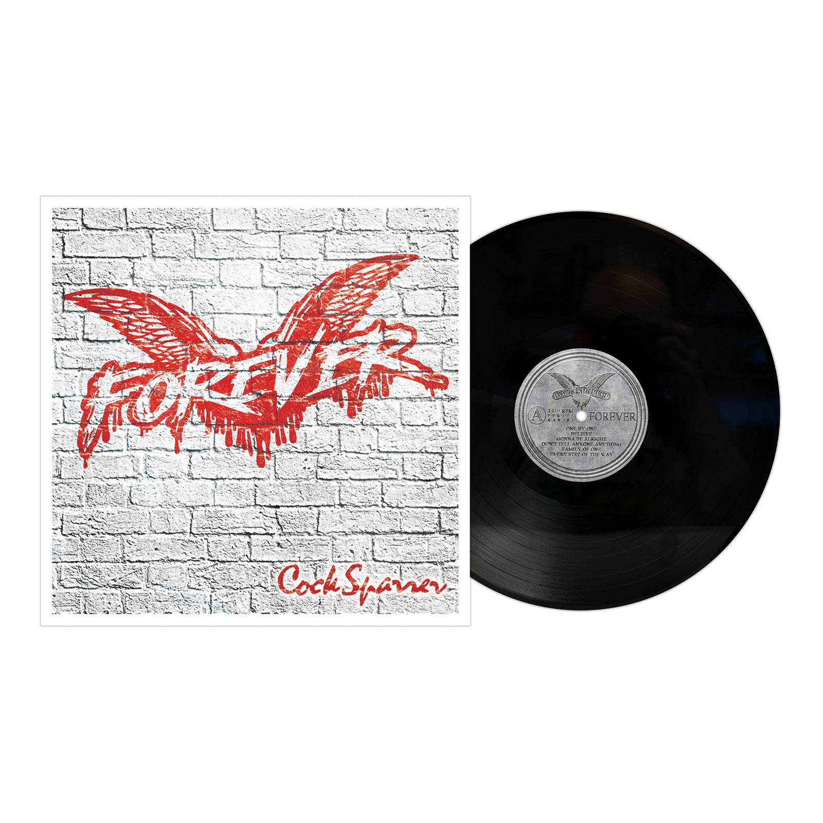 A vinyl record with its Forever album cover, showing red graffiti FOREVER and wing graphics on a white brick wall, plus Cock Sparrer in red script—a must-have for any Cock Sparrer or punk rock fan.