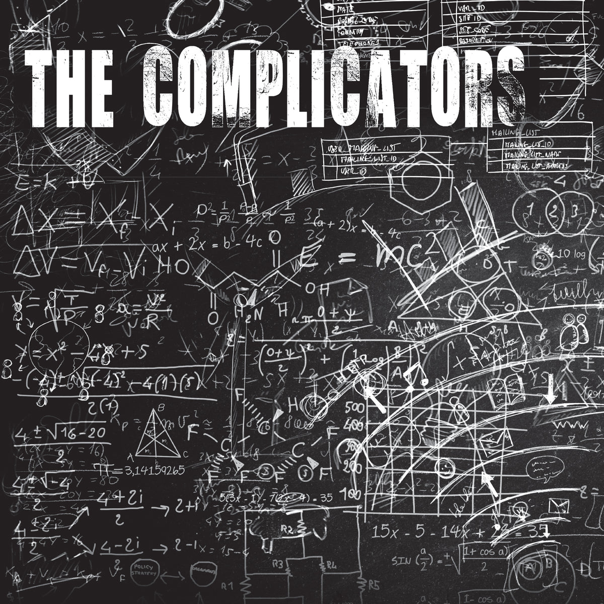 A blackboard filled with complex equations and diagrams in white chalk features bold text at the top: The Complicators, highlighting the band now available for digital download.