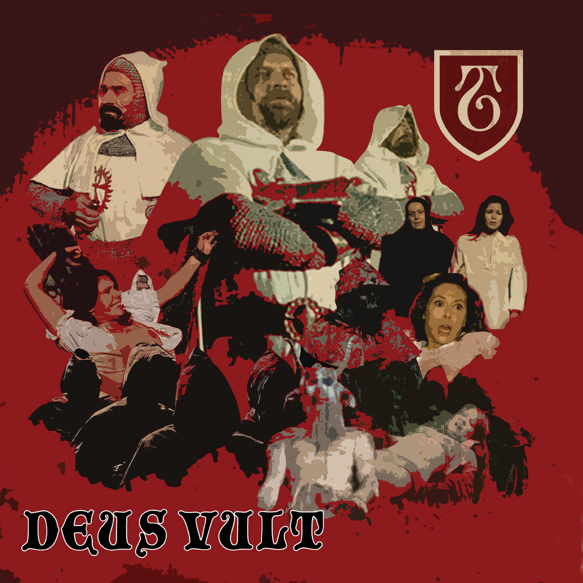 A digital collage inspired by The Templars features knights in white hooded robes with red crosses, distressed women, and dramatic expressions on a red background. A crest appears in the corner and “DEUS VULT” is boldly inscribed below.
