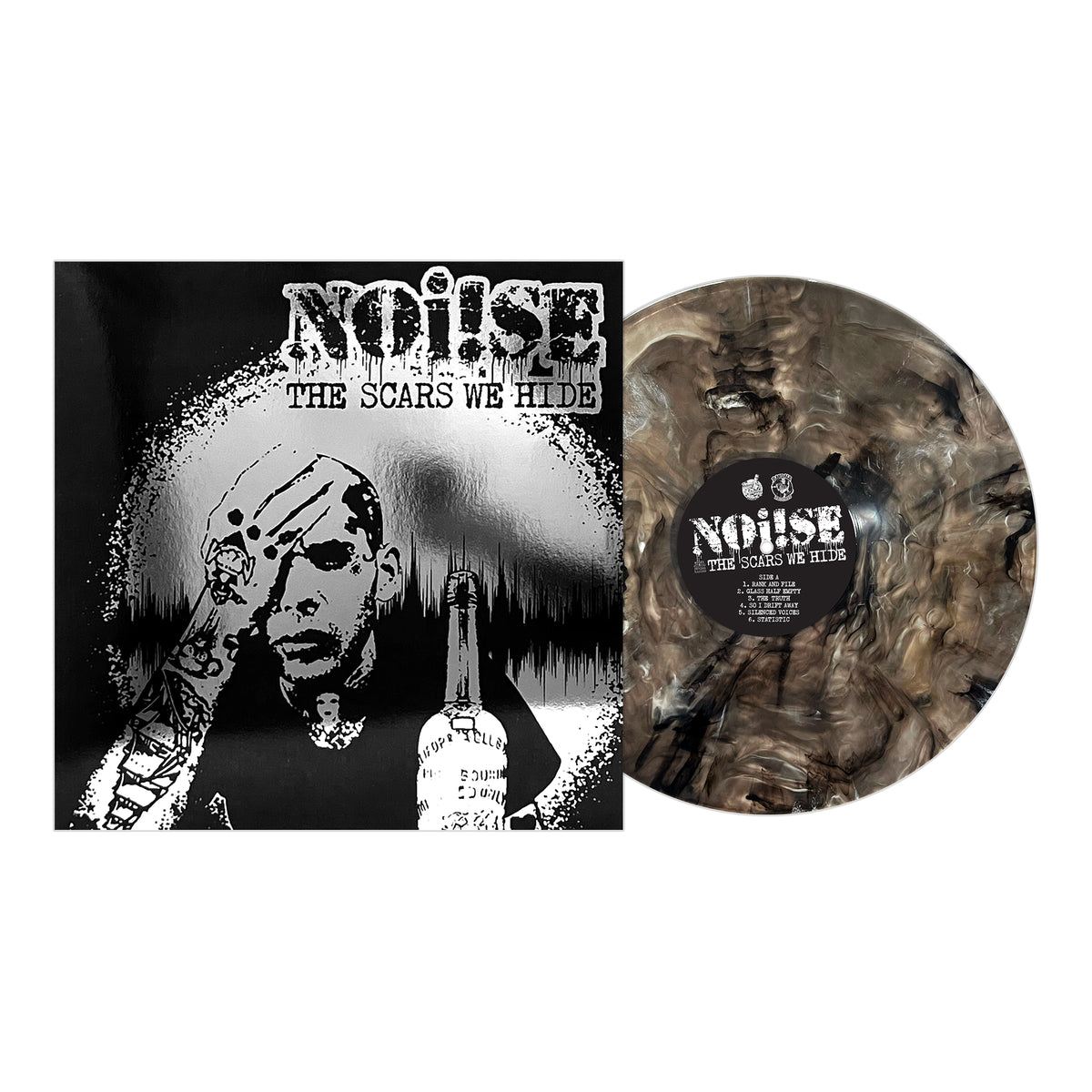 NOi!SE’s re-mastered debut LP, The Scars We Hide, comes with a gritty black-and-white cover showing a distressed, tattooed figure beside a bottle and features standout marbled black and gray vinyl—a classic in the NOi!SE back catalog.