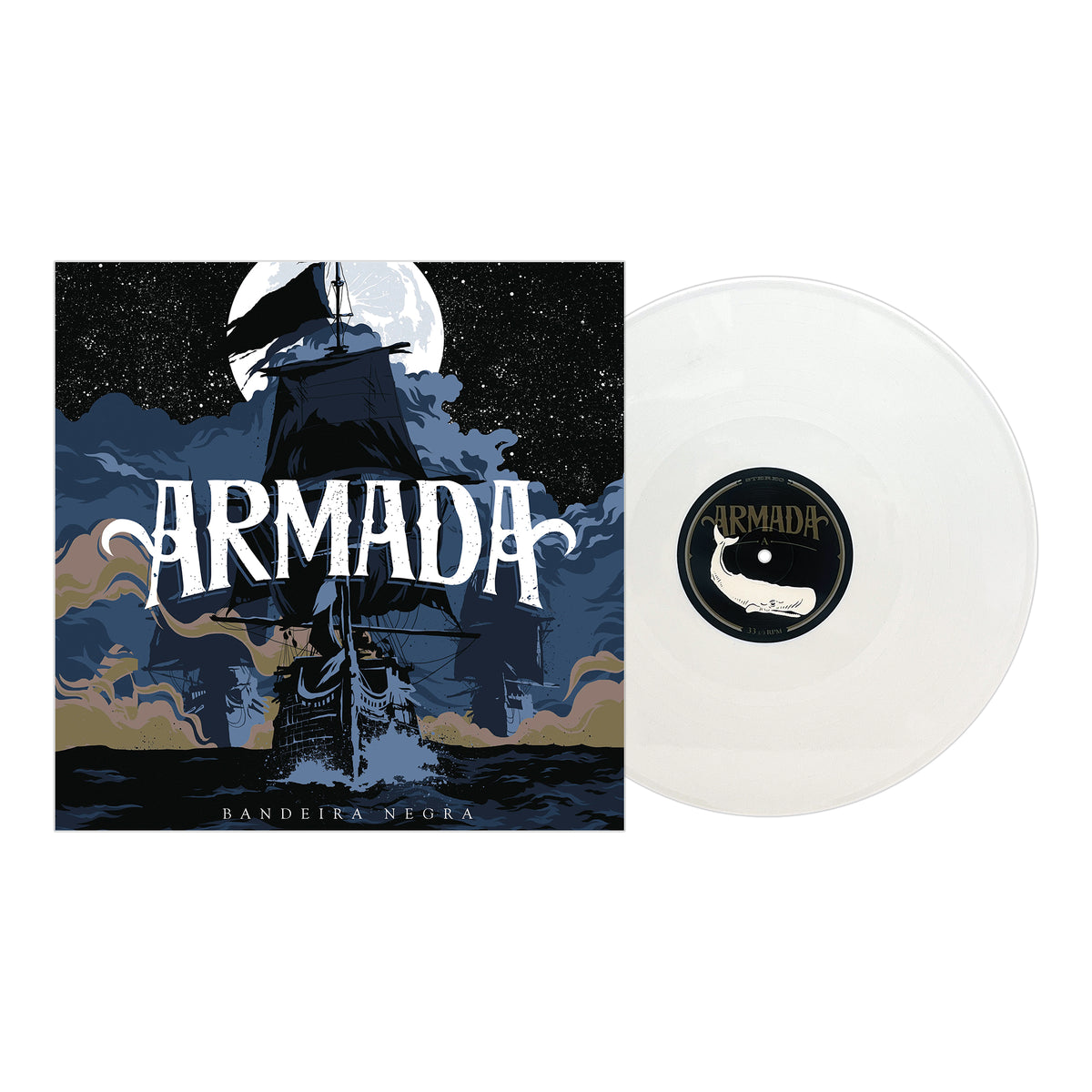 A transparent vinyl record beside its album cover shows a tall ship sailing at night under a large moon. ARMADA appears boldly, with Bandeira Negra below, marking this Brazilian punk rock debut LP from the brand Armada on Pirates Press Records.