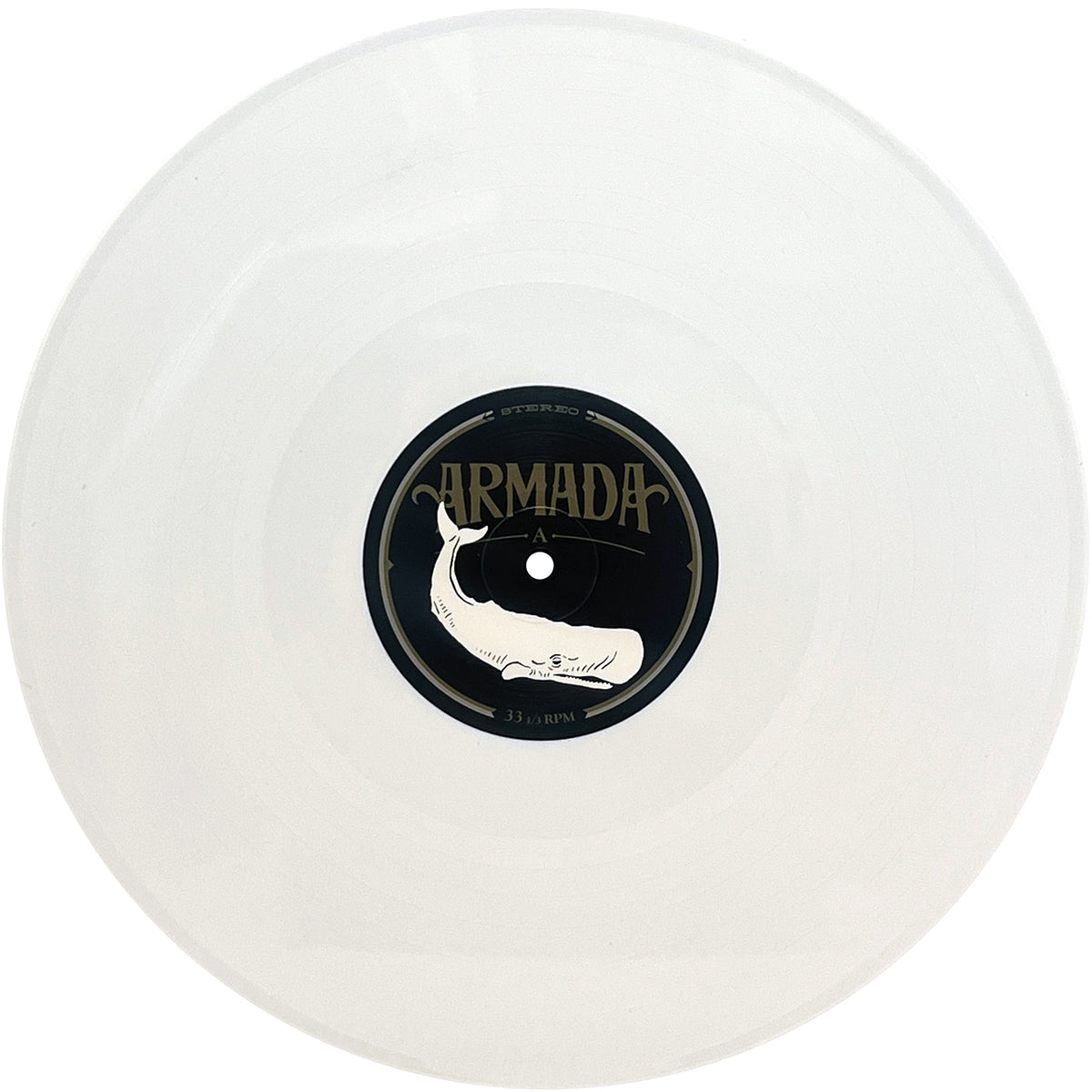 A translucent white vinyl record with a black center label reading "Armada" in large gold letters—this is the Armada debut LP from Pirates Press Records.