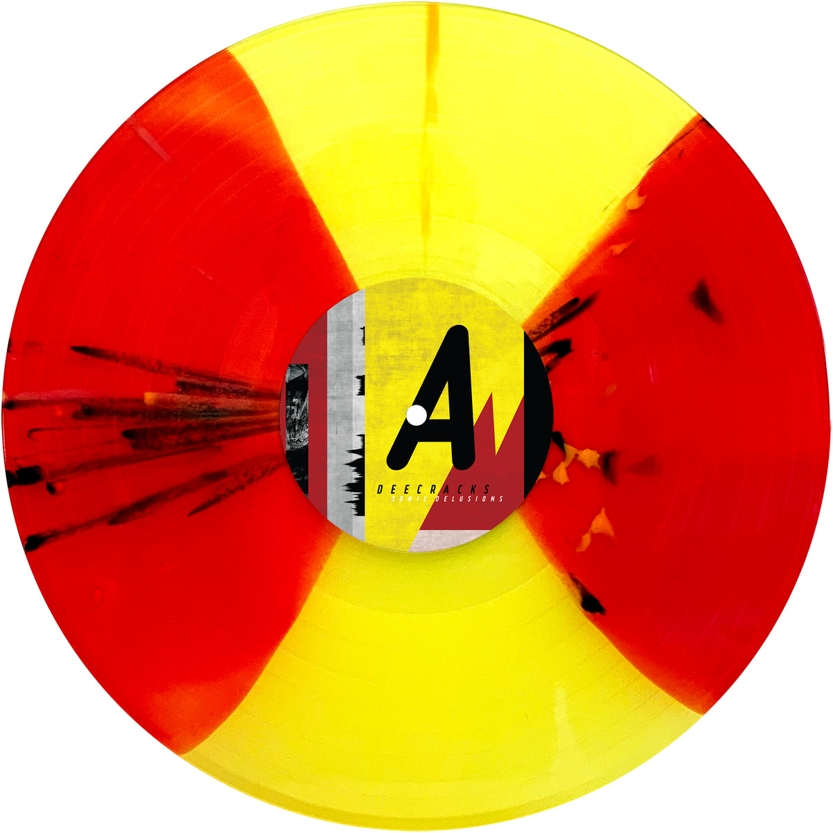 A 12″ vinyl record by DeeCracks with a yellow and red splatter pattern, featuring a center label with abstract graphics and the text A, DeeCracks, and Sonic Delusions in black.