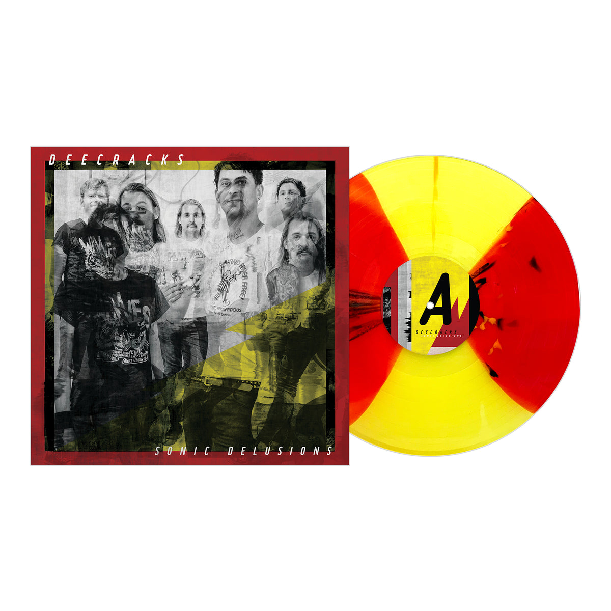 Album cover for Sonic Delusions by DeeCracks featuring a band photo with distorted effects, shown alongside a yellow and red splatter punk vinyl record.