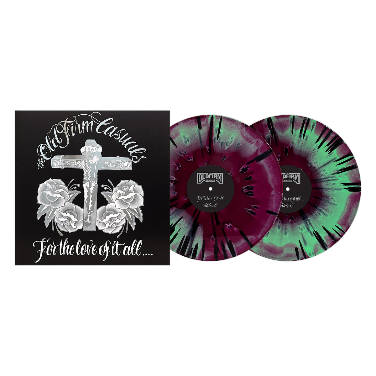 The Old Firm Casuals vinyl set features splattered purple and green records with a black cover displaying a cross, roses, and “THE OLD FIRM CASUALS - For the Love of It All.” Essential for punk rock and Oi! collectors.