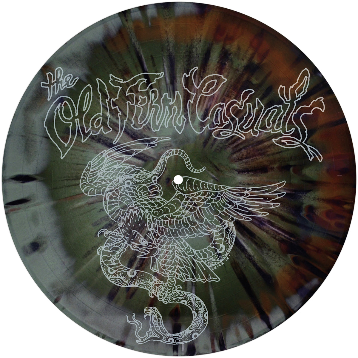 A 12" vinyl from The Old Firm Casuals features a multicolored marbled design, white-outlined band text, and illustrated snake and eagle in battle, with the spindle hole at the center.