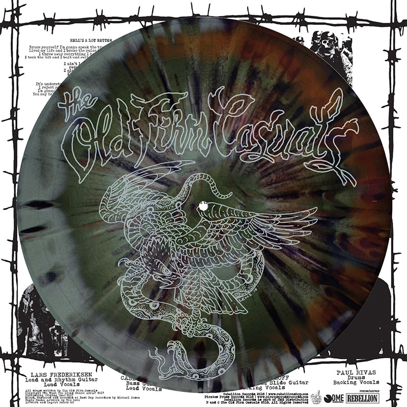 A 12&quot; tie-dye swirl vinyl by The Old Firm Casuals features their name and a detailed white snake coiled around a winged skull, with band member credits subtly shown in the background.