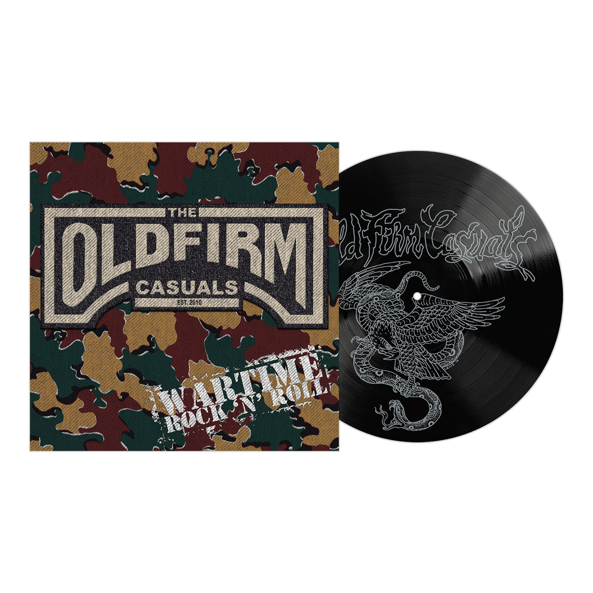 12" vinyl record and album cover from The Old Firm Casuals: Wartime Rock N Roll. Features a camo pattern, bold lettering, and a silver silkscreen bird and serpent illustration on the record. Released by Rebellion Records.