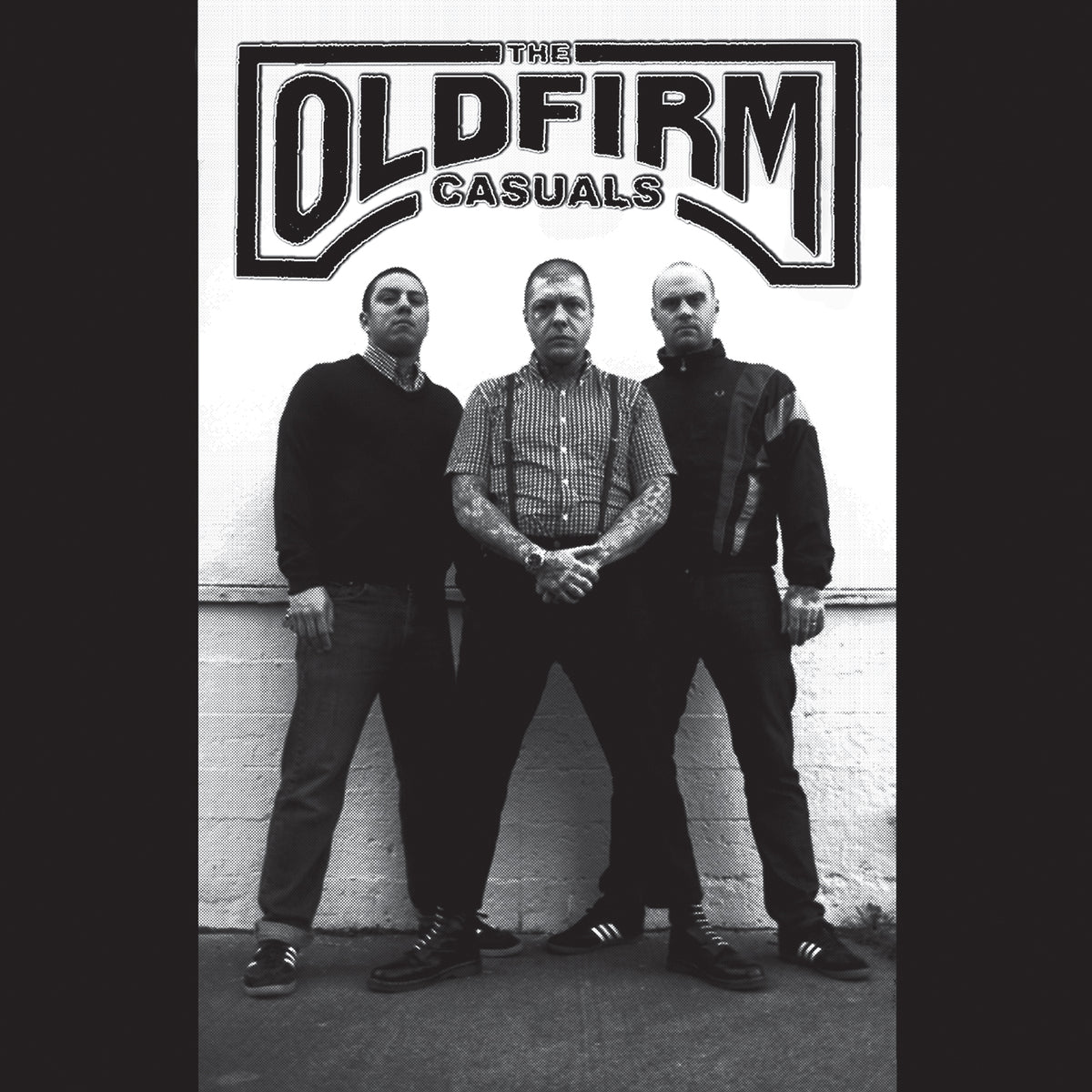 Three men face the camera beneath a bold The Old Firm Casuals logo, their tattoos, checkered shirts, and streetwear exuding an oi! streetpunk vibe in this striking black-and-white scene.