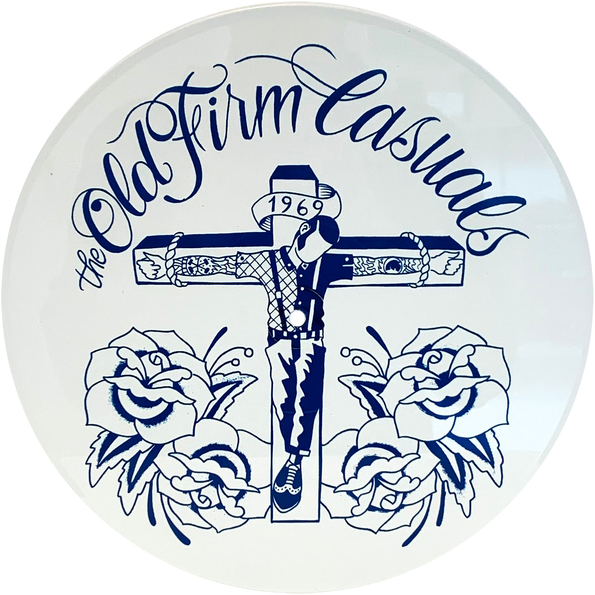 A circular ultra clear vinyl from The Old Firm Casuals features blue line art: their name, a casual-clad figure on a cross marked “1969,” and roses on white—an ideal pick for any oi! streetpunk fan.