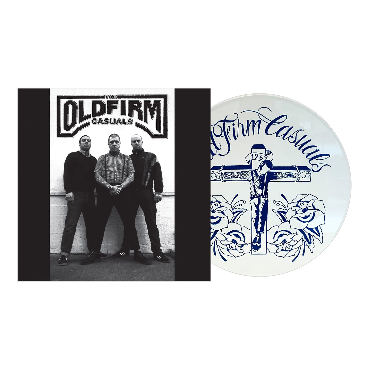 The Old Firm Casuals album cover shows three men before a wall with the band’s name, paired with an ultra clear vinyl record featuring blue rose and cross artwork.