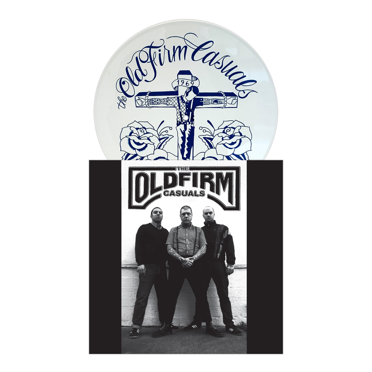 A circular sign displays The Old Firm Casuals in cursive above a cross marked 1969, with a black-and-white photo of three men under the bold Old Firm Casuals logo—ideal for any Oi! streetpunk or ultra clear vinyl collection. Brand: The Old Firm Casuals.