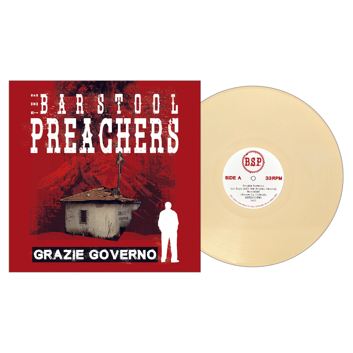The Bar Stool Preachers' Grazie Governo album cover features a red background, rundown house, white silhouette figure, and cream-colored vinyl record.
