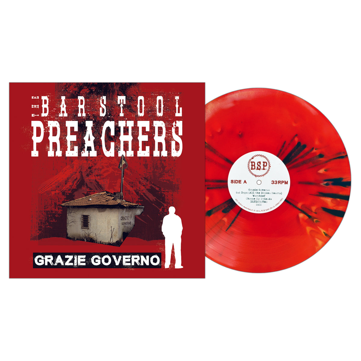 The Bar Stool Preachers’ Grazie Governo album features a red marbled vinyl and digital download card. The cover shows a shack, silhouette, and bold white/black text on a vibrant red background.