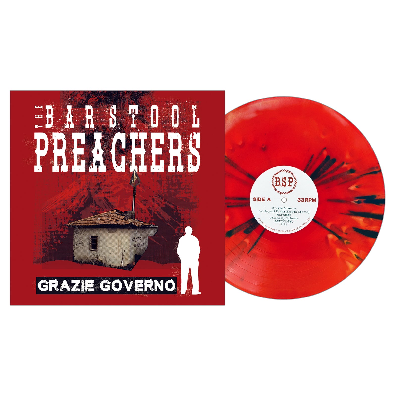 The Bar Stool Preachers’ Grazie Governo album features a red marbled vinyl and digital download card. The cover shows a shack, silhouette, and bold white/black text on a vibrant red background.
