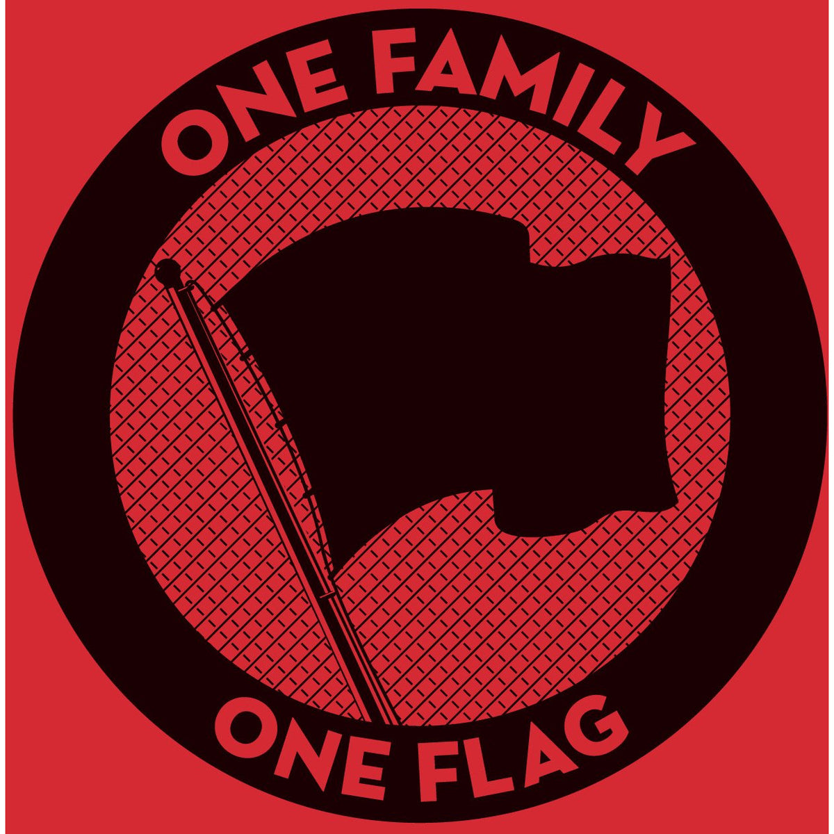 A black circular emblem on a red background features a waving flag in the center, with ONE FAMILY at the top and ONE FLAG at the bottom, capturing Pirates Press Records’ bold, vinyl-inspired style in striking capital letters.