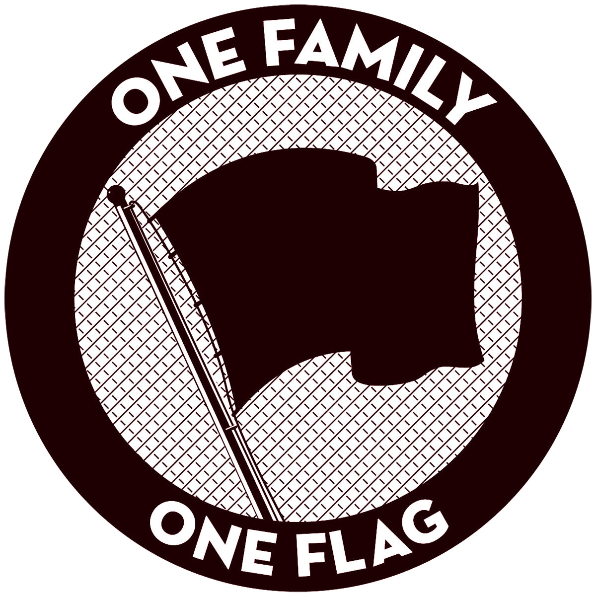A circular sticker from Pirates Press Records featuring a waving flag in the center, “ONE FAMILY” at the top, “ONE FLAG” at the bottom, and a crosshatched background—perfect as a unique family sticker.