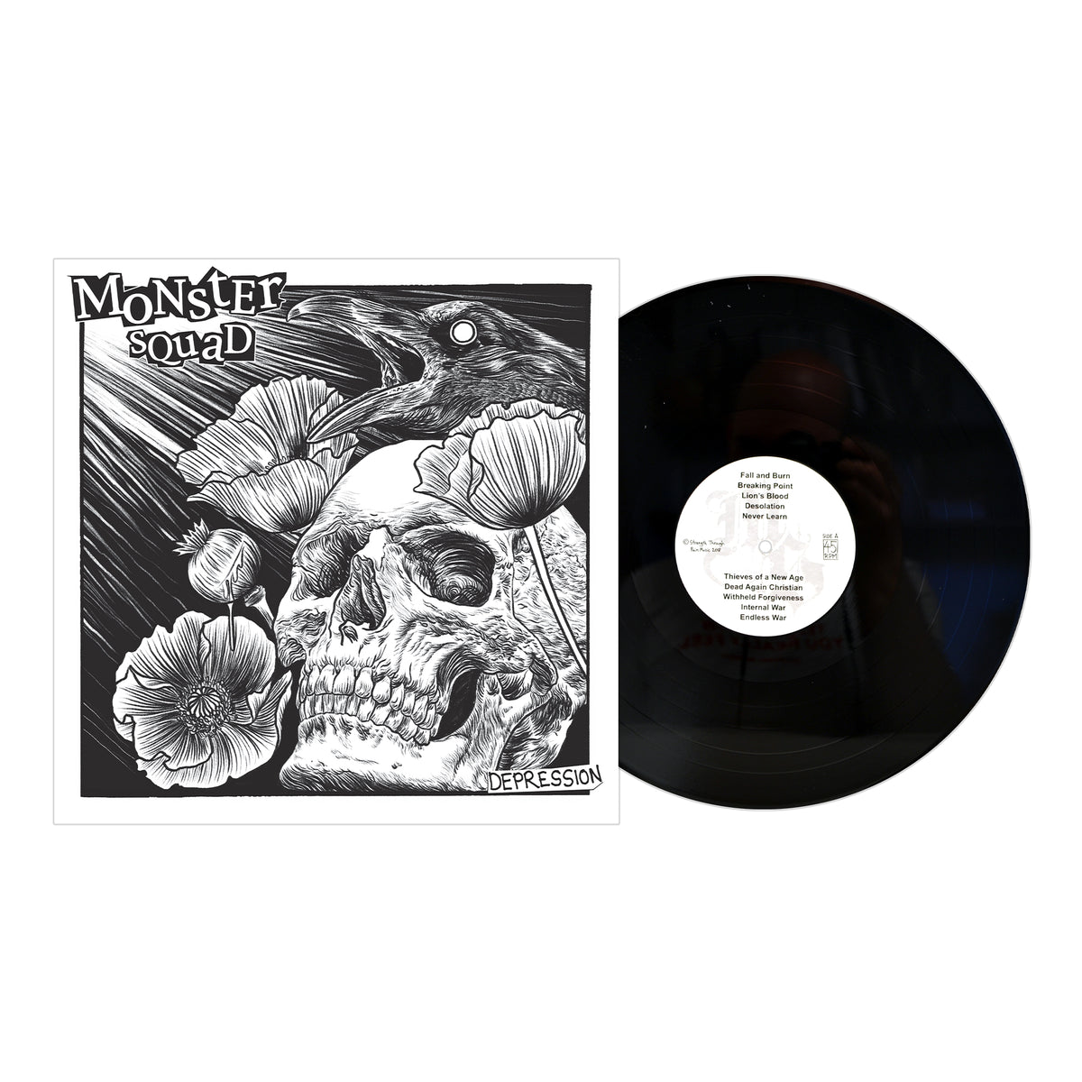 Monster Squad – Depression album cover shows a black-and-white skull, poppy flowers, and a black bird. The vinyl record is partially out of its sleeve on the right. Brand: Monster Squad.