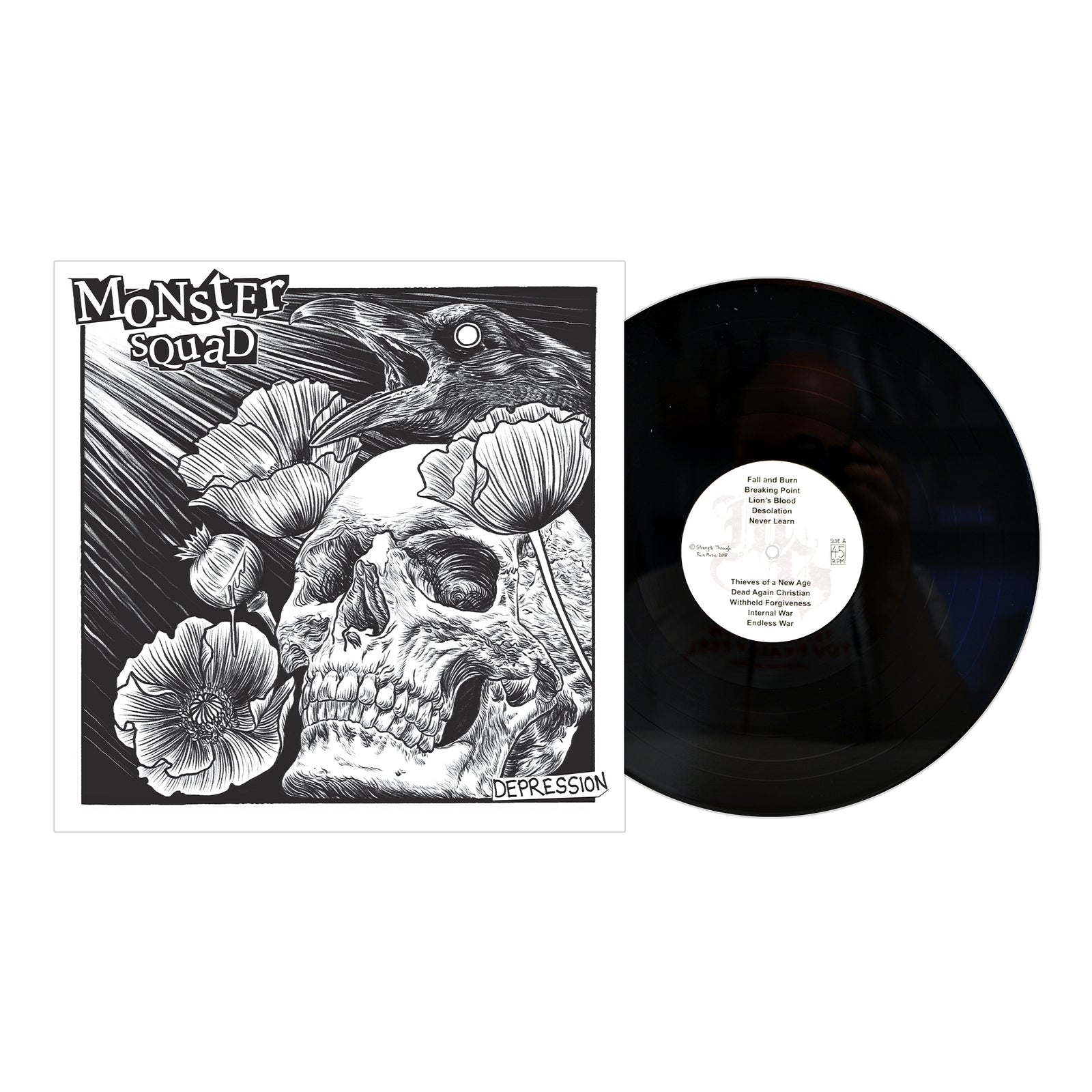 Monster Squad – Depression album cover shows a black-and-white skull, poppy flowers, and a black bird. The vinyl record is partially out of its sleeve on the right. Brand: Monster Squad.
